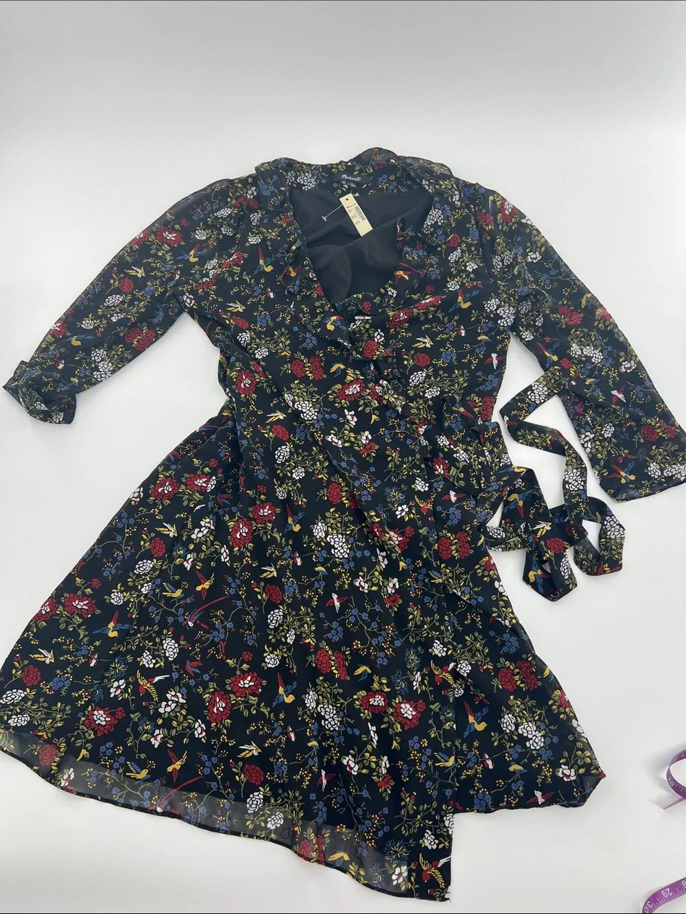 Madewell Hummingbird Floral True Wrap Dress Sheer Sleeve whimsical XS NWT